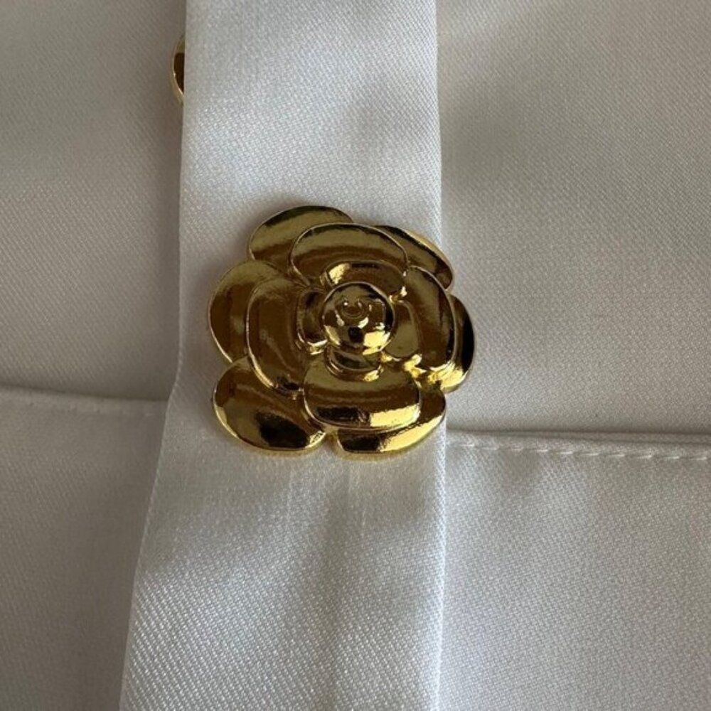 White Sleeveless Mini Dress With Gold Floral Buttons & Open Back Design - Picture 9 of 11